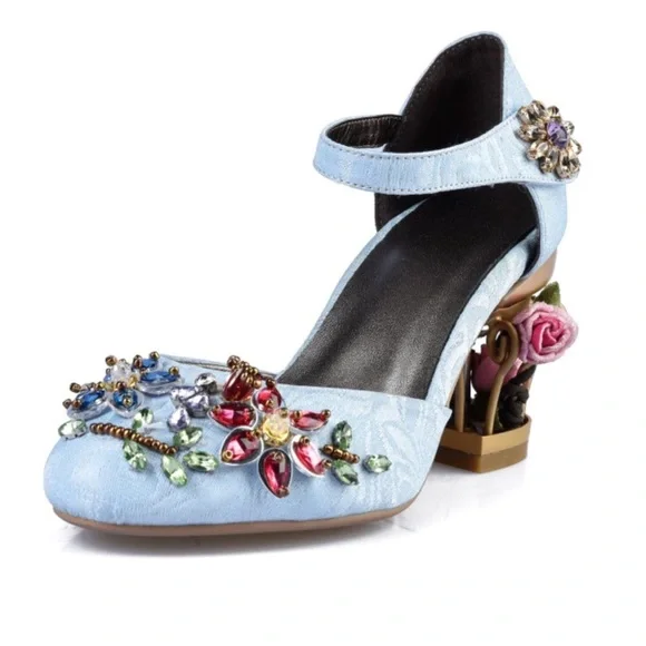 Handmade Blue Brocade Crystal Cage Shoes - Picture 3 of 9